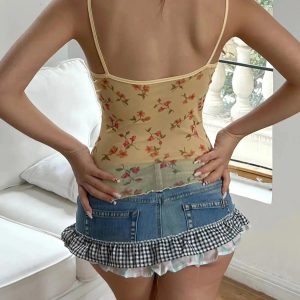 Y2K Floral Open Back Mesh Top for Trendy Summer Outfits