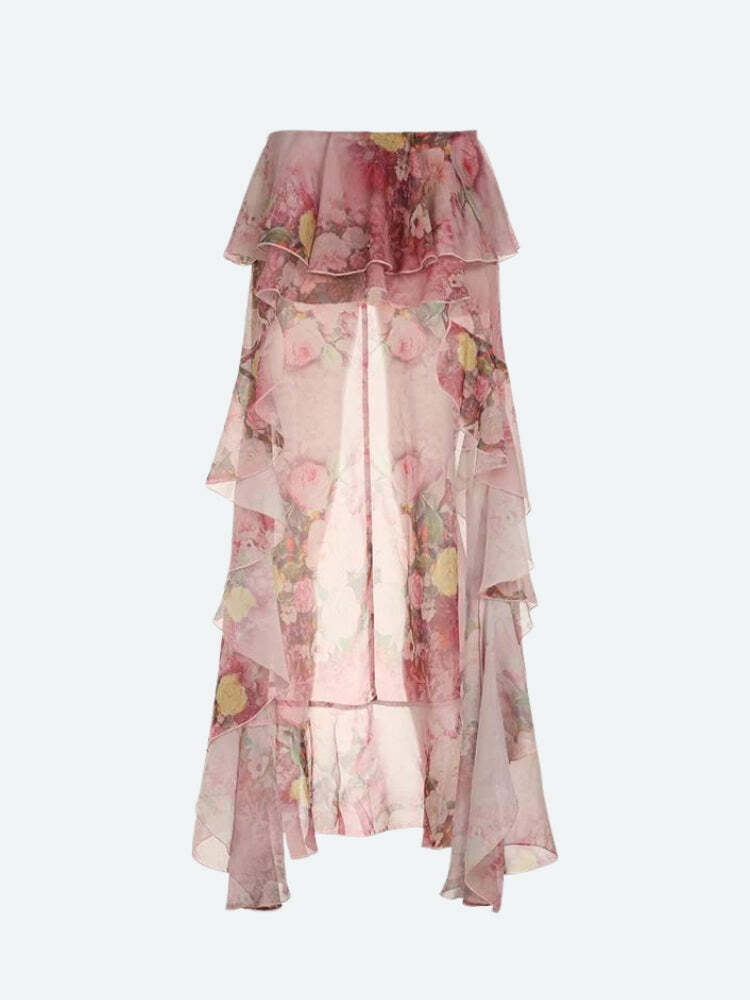 Y2K Floral Ruffled Mesh Mullet Skirt for Retro Summer Outfits