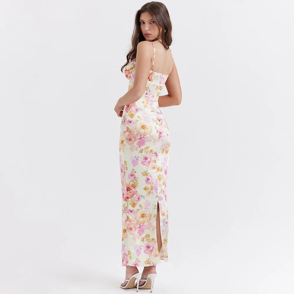 Y2K Floral Satin Maxi Dress - Retro Style for Summer Parties