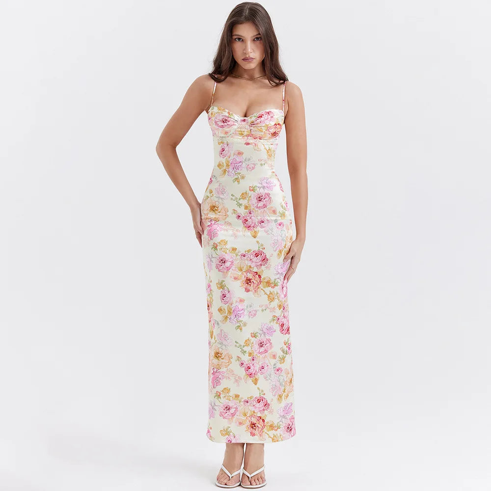 Y2K Floral Satin Maxi Dress - Retro Style for Summer Parties