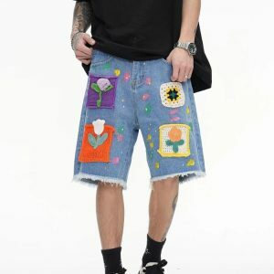 Y2K Flower Patch Denim Shorts - Trendy Summer Outfit for Retro Vibes