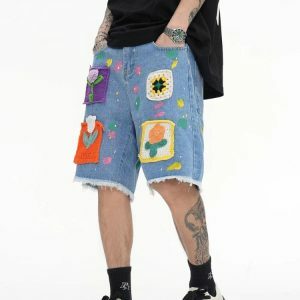 Y2K Flower Patch Denim Shorts - Trendy Summer Outfit for Retro Vibes