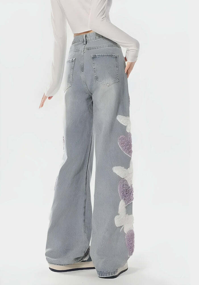 Y2K Fluffy Heart Butterfly Jeans - Trendy Summer Outfit for Retro Vibes