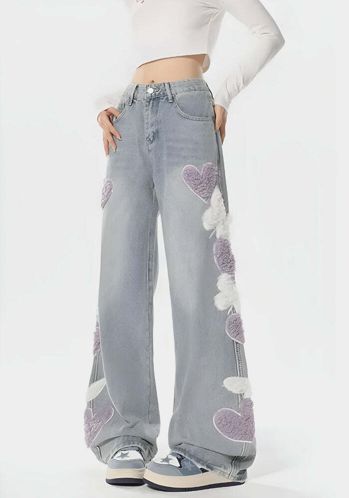 Y2K Fluffy Heart Butterfly Jeans - Trendy Summer Outfit for Retro Vibes