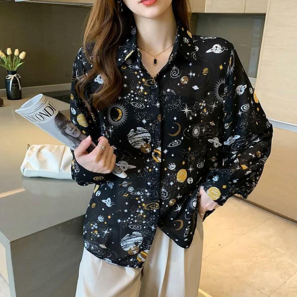 Y2K Galaxy Chiffon Shirt - Retro Summer Outfit for Trendy Women