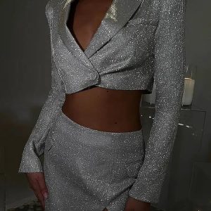 Y2K Glitter Crop Jacket & Mini Skirt Set for Trendy Summer Outfits