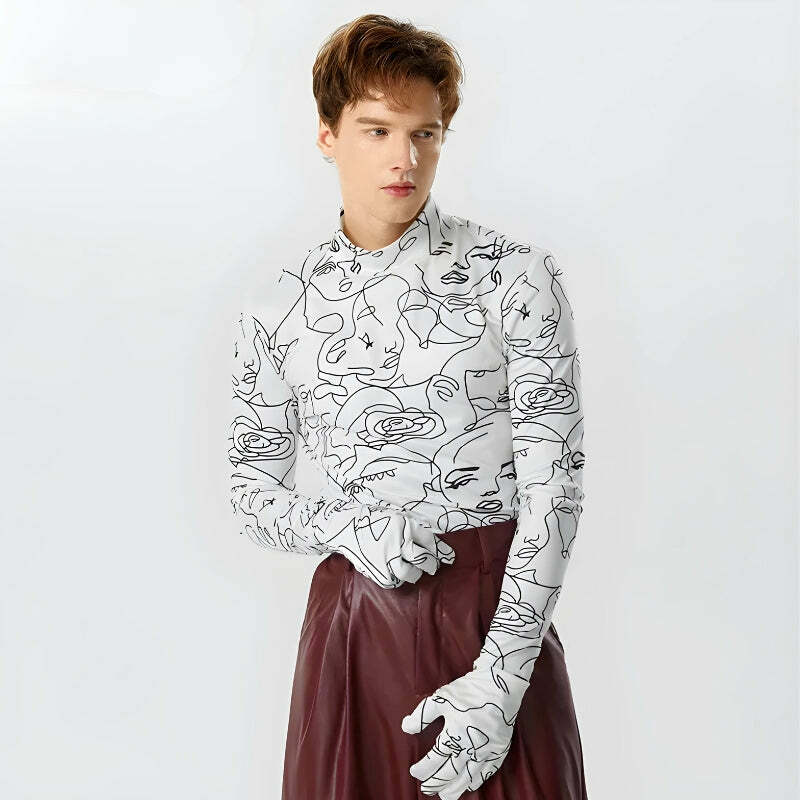 Y2K Grunge Abstract Faces Gloves Top for Trendy Summer Outfits