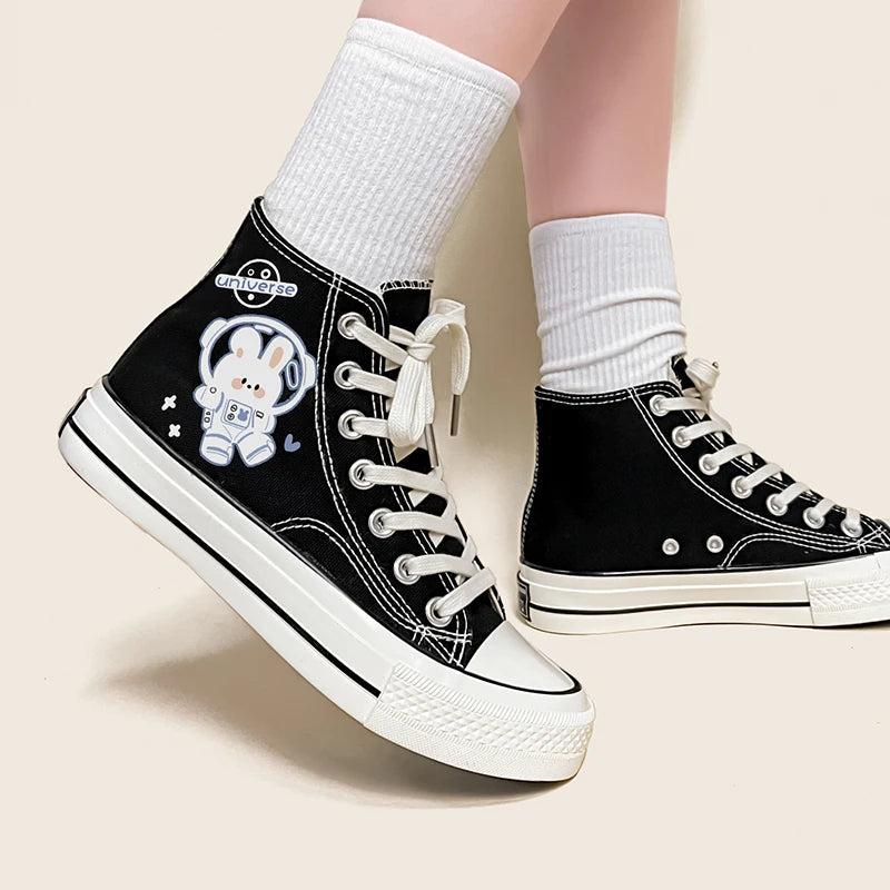 Y2K Grunge Astronaut Rabbit Lace-Up Canvas Shoes for Retro Summer Vibes