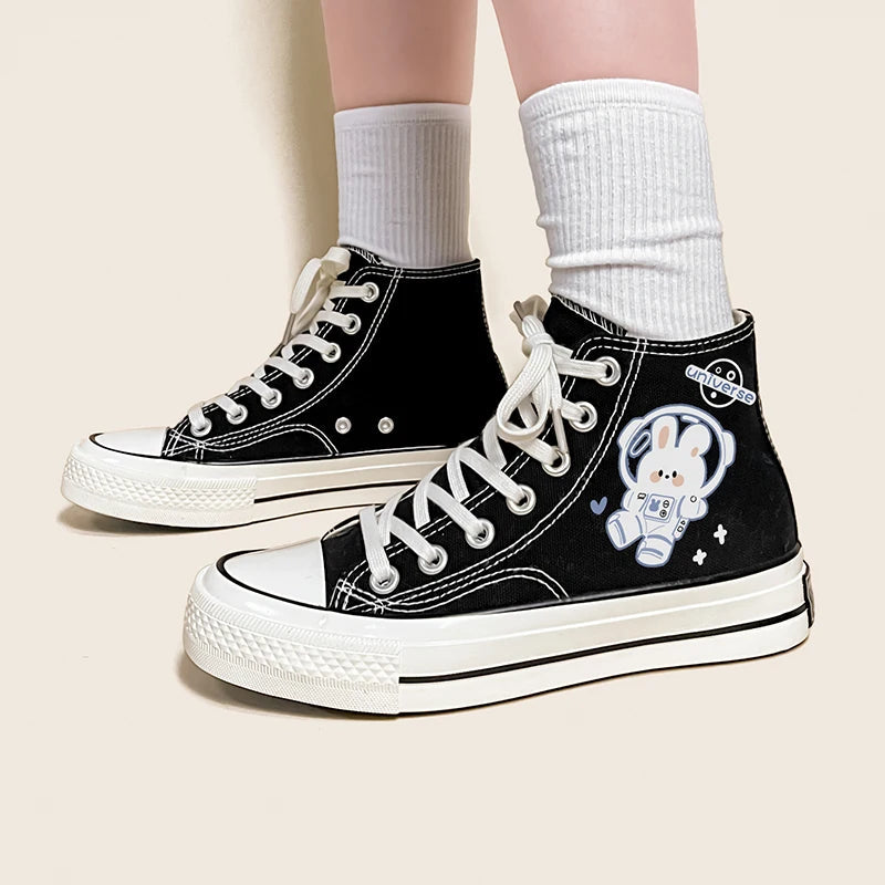 Y2K Grunge Astronaut Rabbit Lace-Up Canvas Shoes for Retro Summer Vibes