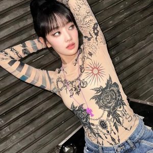 Y2K Grunge Baddie Mesh Tattoo Top for Trendy Summer Outfits