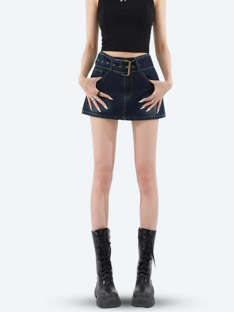 Y2K Grunge Belted Denim Mini Skirt for Retro Summer Vibes