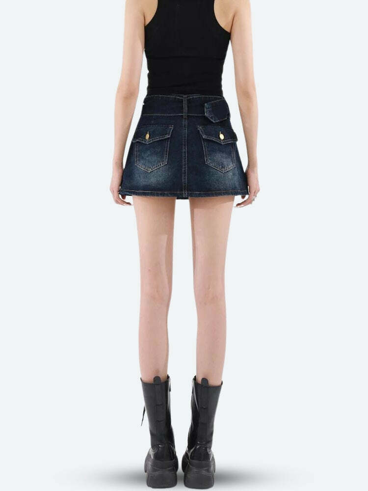 Y2K Grunge Belted Denim Mini Skirt for Retro Summer Vibes