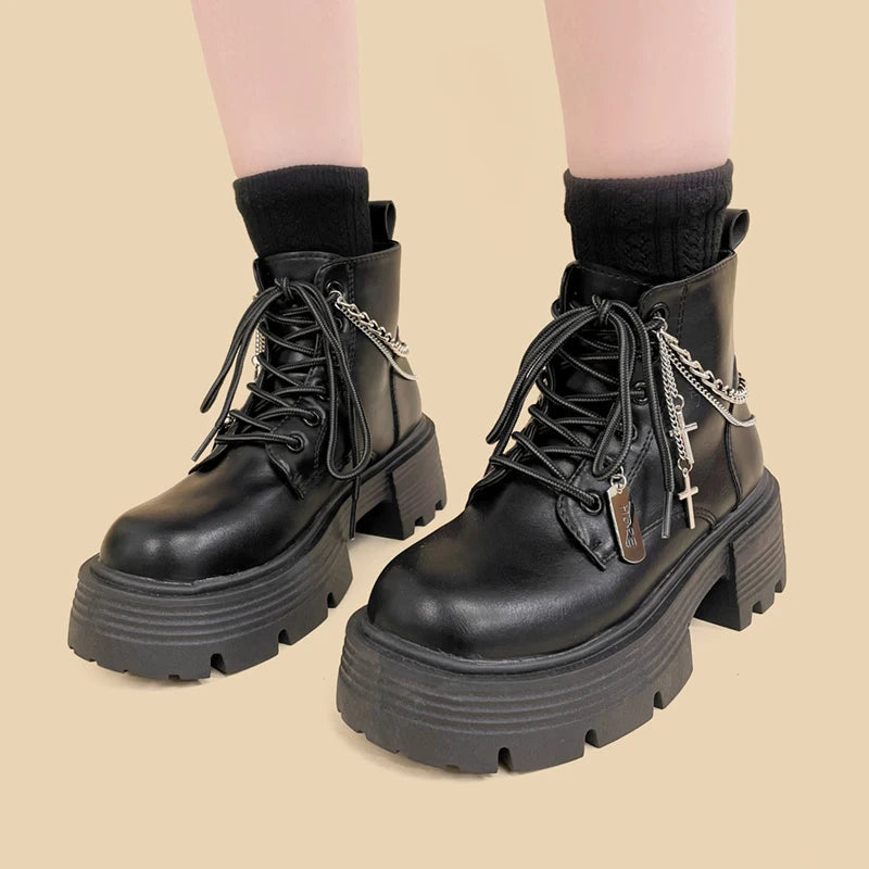 Y2K Grunge Chain Cross Combat Boots for Retro Summer Outfits