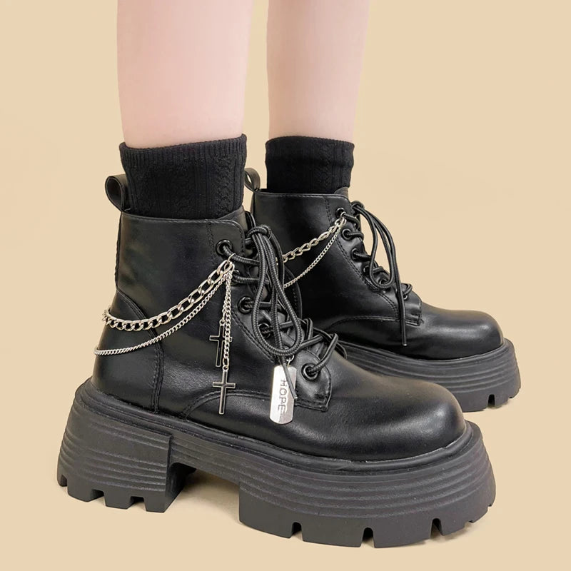 Y2K Grunge Chain Cross Combat Boots for Retro Summer Outfits