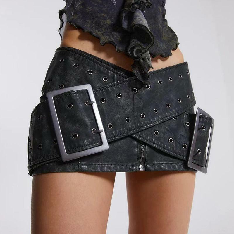 Y2K Grunge Cross Belt Faux Leather Mini Skirt for Trendy Summer Vibes