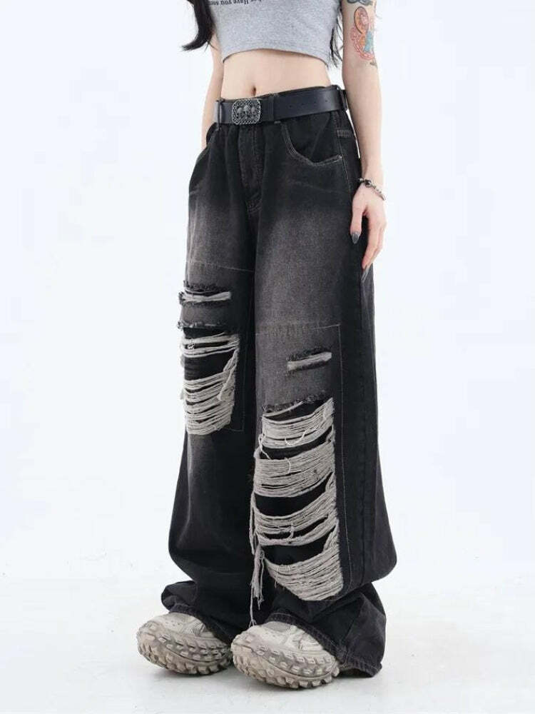 Y2K Grunge Dark Wash Distressed Jeans for Retro Summer Outfits