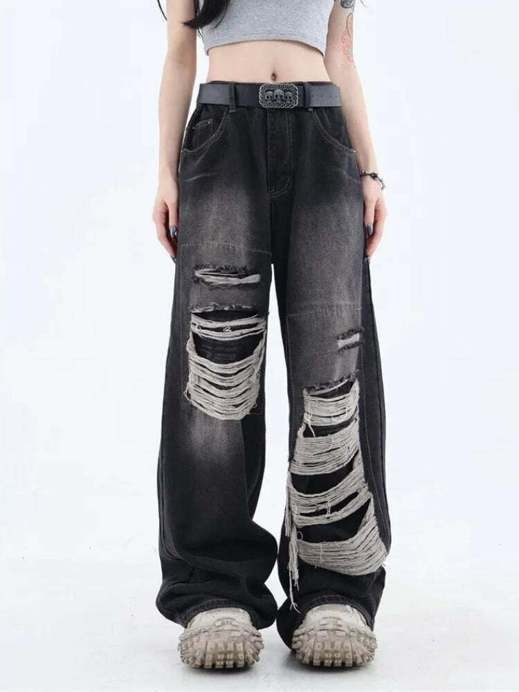 Y2K Grunge Dark Wash Distressed Jeans for Retro Summer Outfits