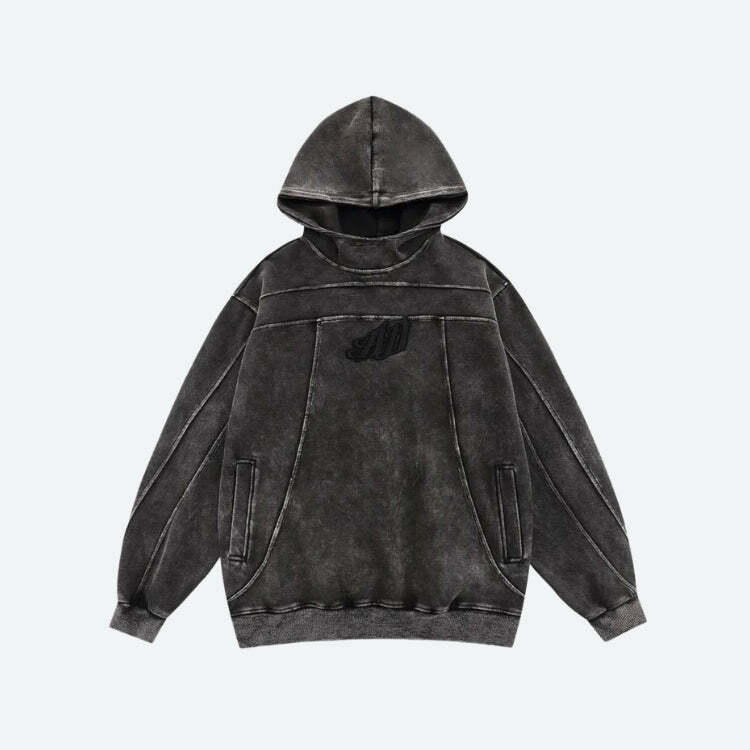 Y2K Grunge Dark Washed Embroidered Hoodie for Retro Summer Vibes