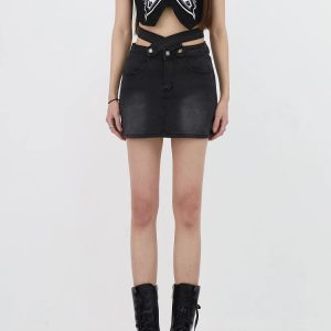 Y2K Grunge Denim Cross Belt Mini Skort for Retro Summer Vibes