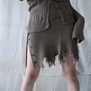 Y2K Grunge Distressed Cardigan & Mini Skirt Set for Trendy Summer Outfits