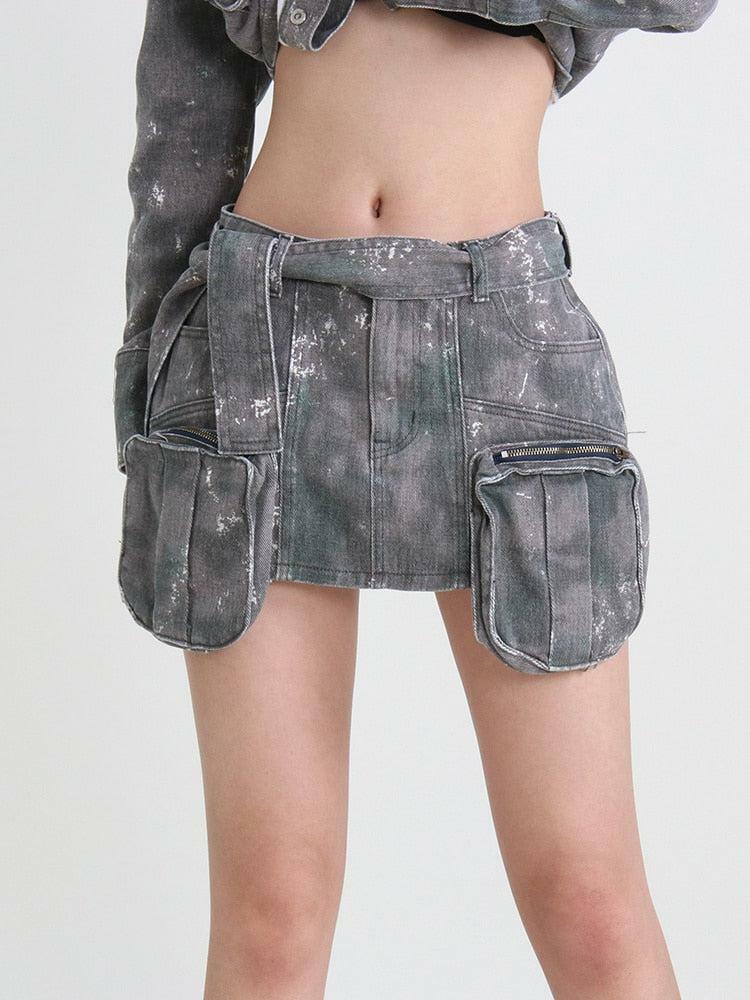 Y2K Grunge Distressed Cargo Denim Mini Skirt for Retro Summer Vibes