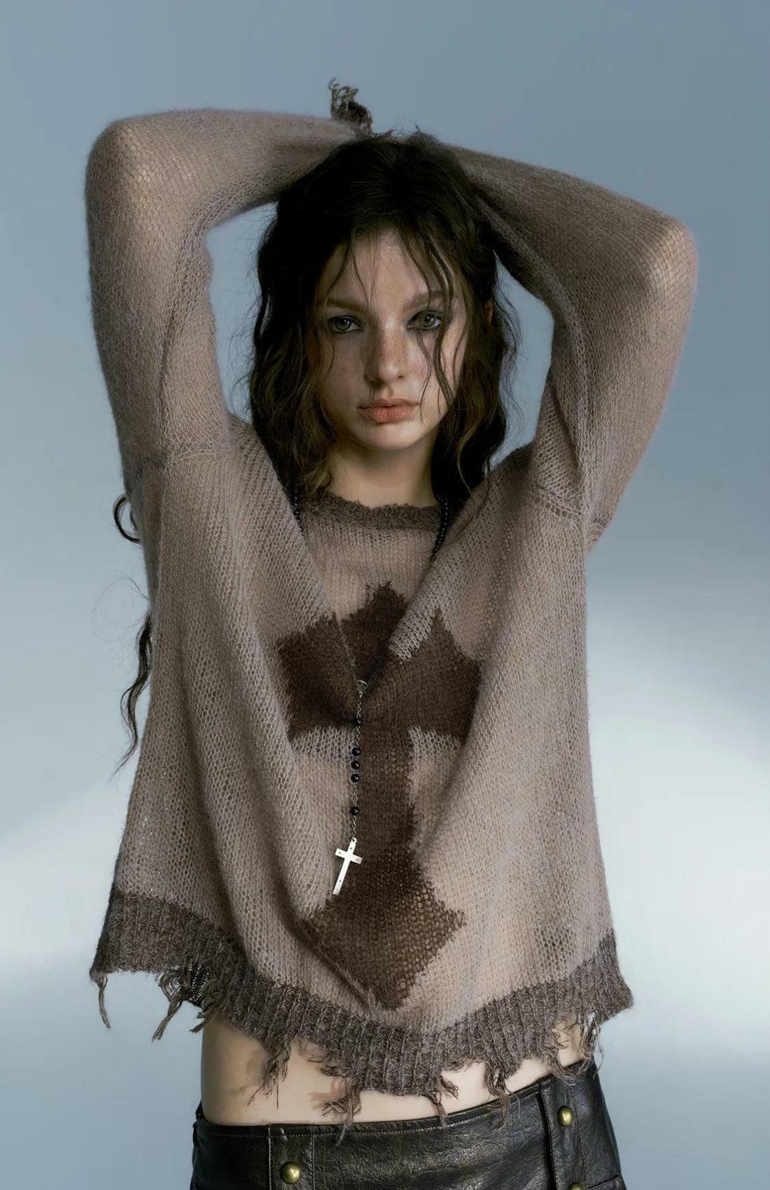 Y2K Grunge Distressed Cross Sweater for Retro Summer Outfits