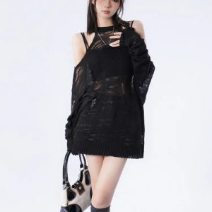 Y2K Grunge Distressed Cut-Out Fine Knit Sweater for Retro Style