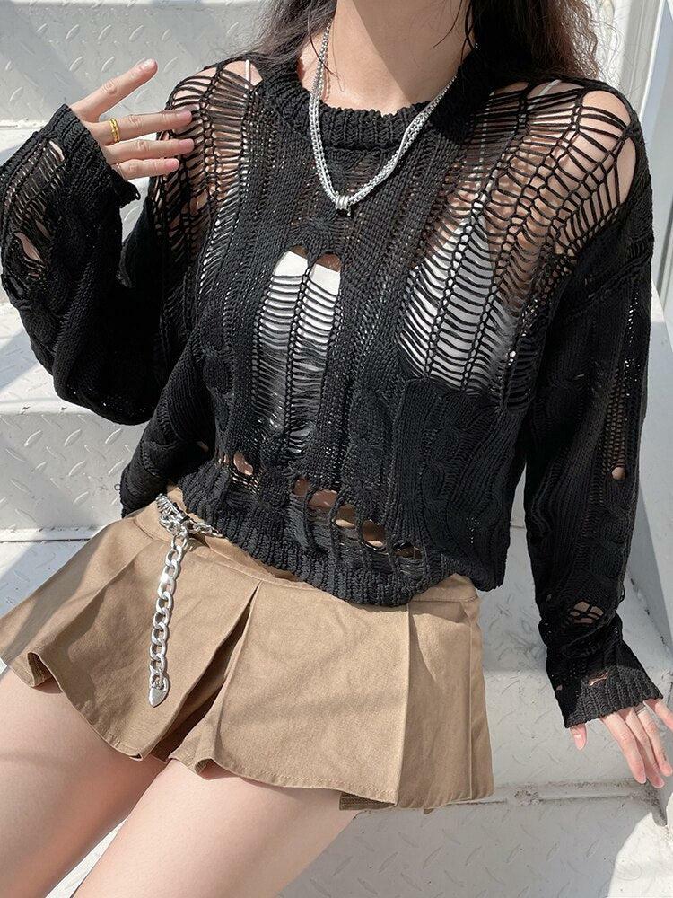 Y2K Grunge Distressed Knit Sweater for Retro Summer Outfits