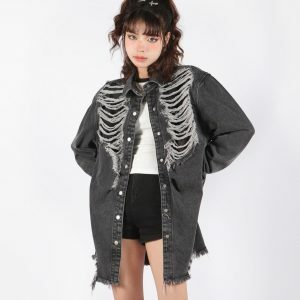 Y2K Grunge Distressed Long Denim Jacket for Retro Summer Outfits