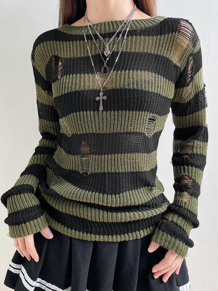 Y2K Grunge Distressed Striped Sweater for Retro Summer Outfits