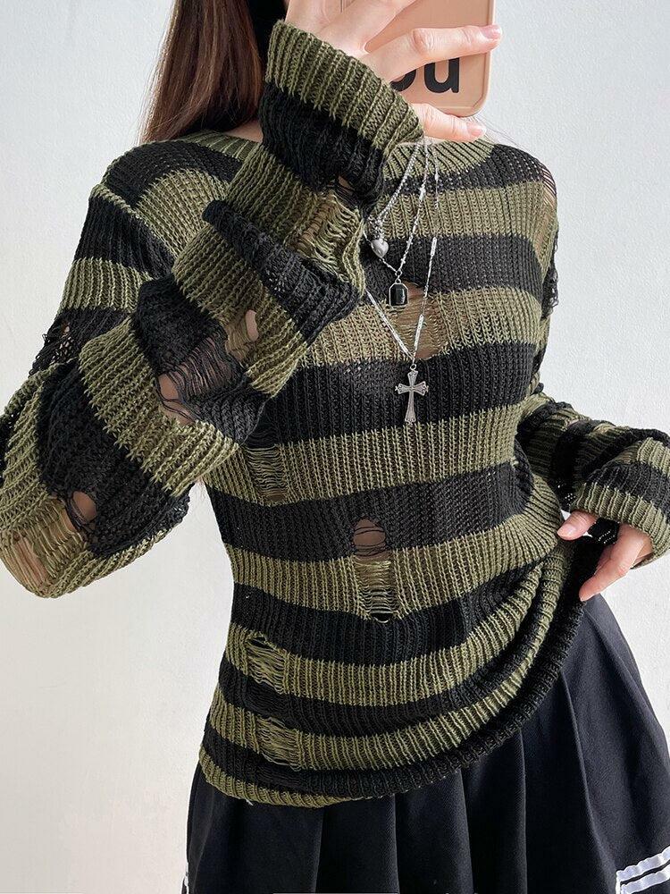 Y2K Grunge Distressed Striped Sweater for Retro Summer Outfits