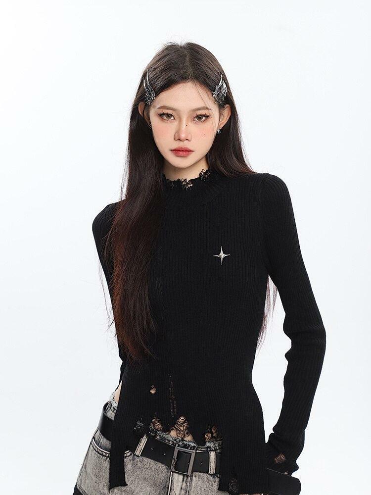 Y2K Grunge Distressed Turtleneck Sweater for Retro Style Lovers