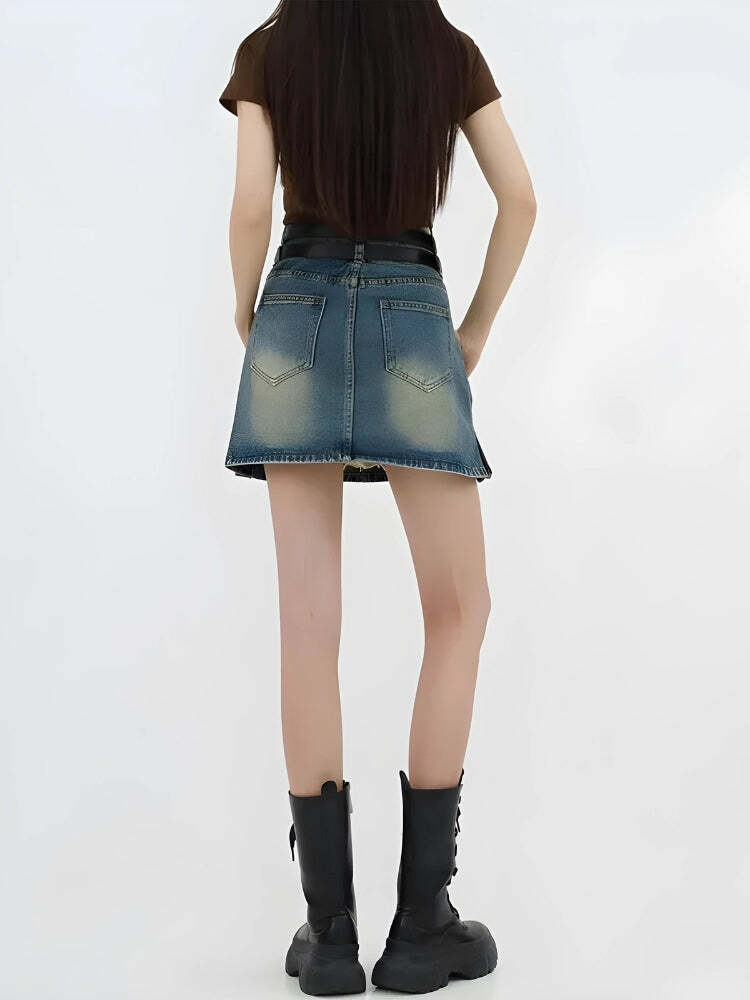 Y2K Grunge Double Belt Loop Denim Mini Skirt for Retro Summer Vibes