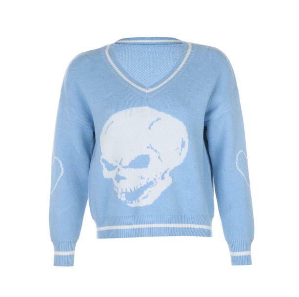 Y2K Grunge E-Girl Skull Sweater for Retro 90s Fashion Lovers