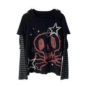 Y2K Grunge Emo Skull Long Sleeve Tee - Retro 90s Fashion Top