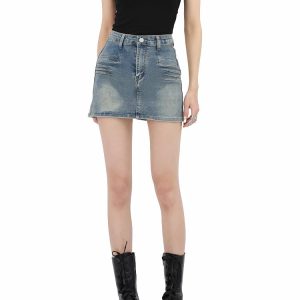 Y2K Grunge Fake Pocket Denim Mini Skirt for Retro Summer Vibes