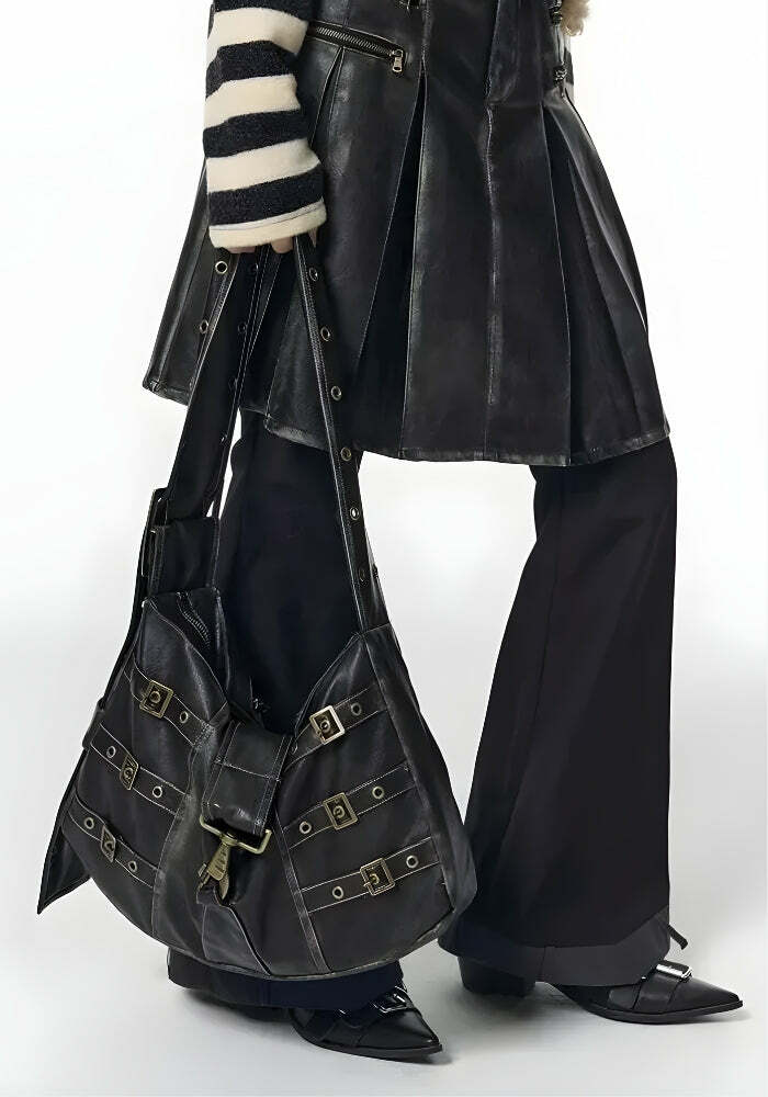 Y2K Grunge Faux Leather Belted Bag for Retro Summer Outfits