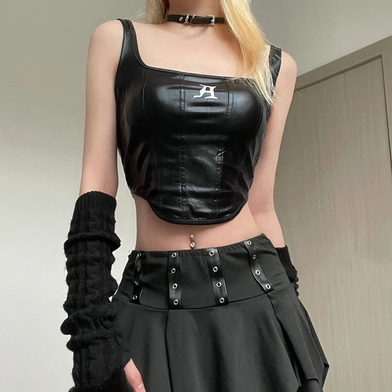 Y2K Grunge Faux Leather Crop Corset Top for Retro Summer Outfits