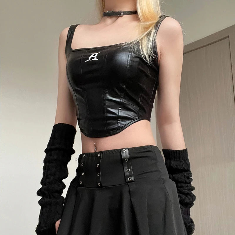 Y2K Grunge Faux Leather Crop Corset Top for Retro Summer Outfits