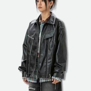 Y2K Grunge Faux Leather Jacket for Retro 90s Fashion Lovers