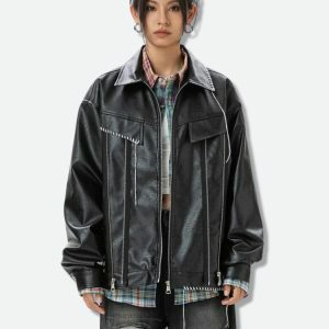 Y2K Grunge Faux Leather Jacket for Retro 90s Fashion Lovers