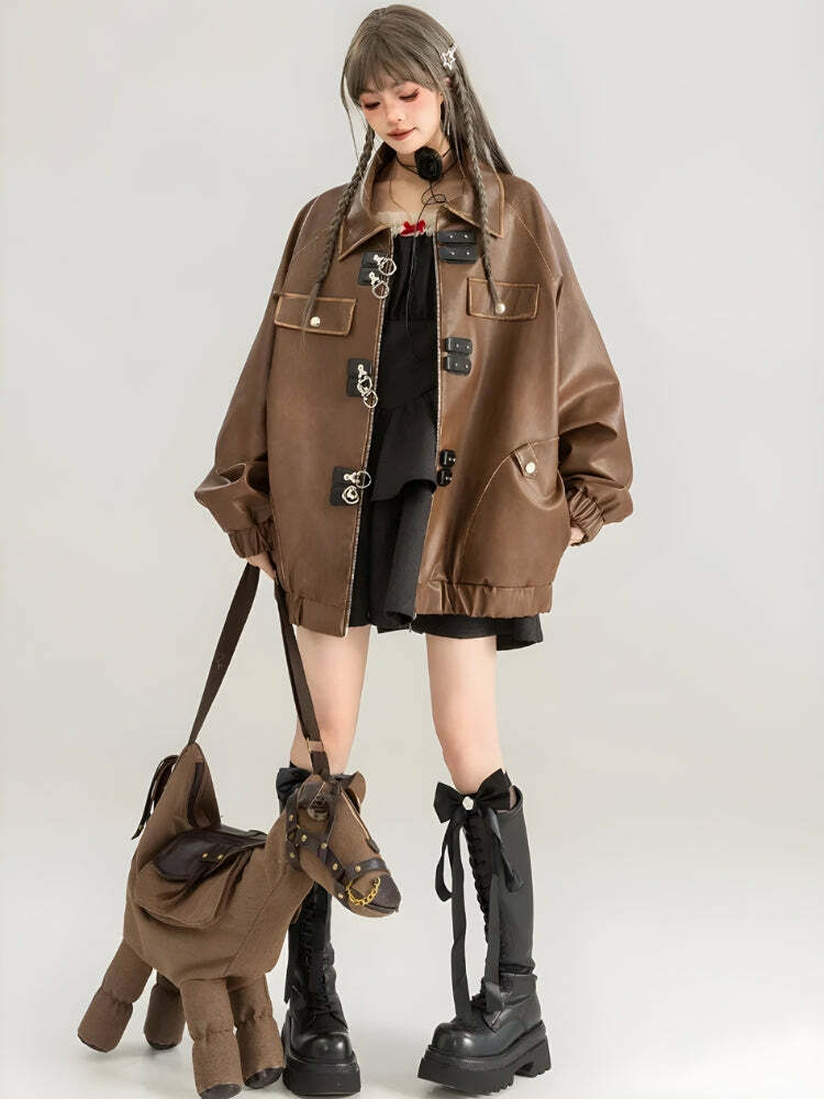 Y2K Grunge Faux Leather Oversized Jacket for Retro Summer Outfits