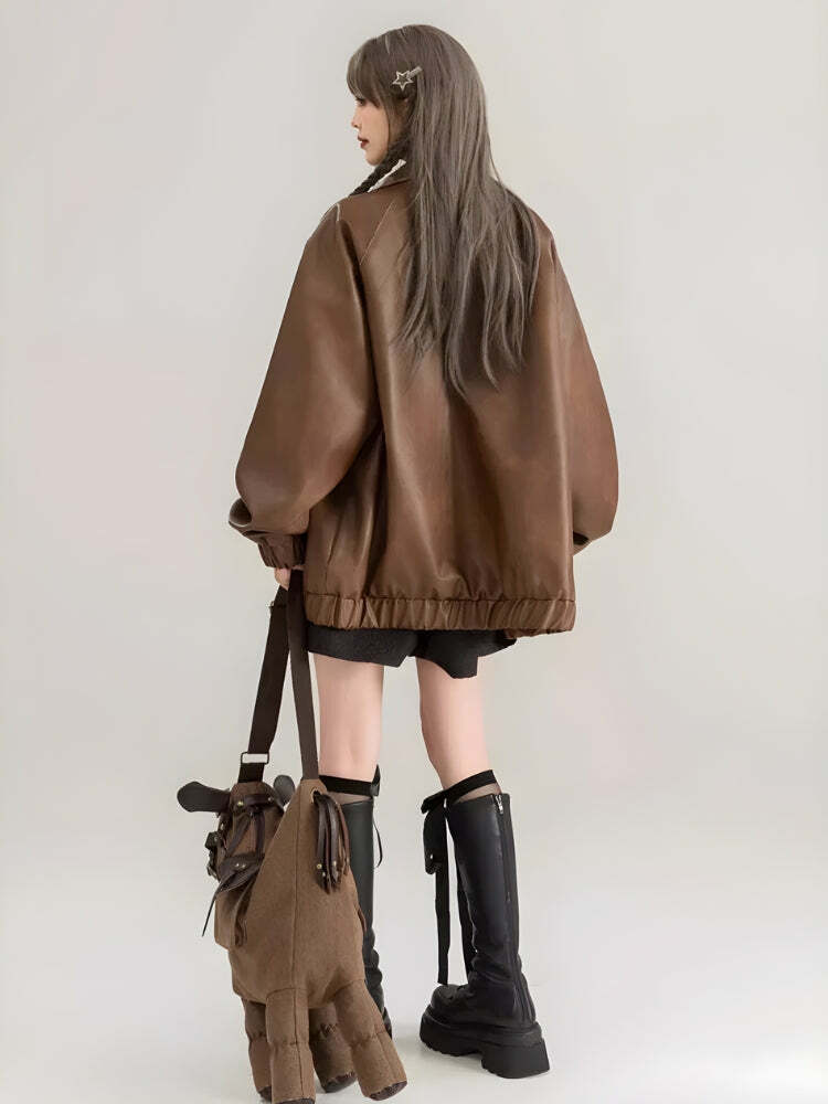 Y2K Grunge Faux Leather Oversized Jacket for Retro Summer Outfits