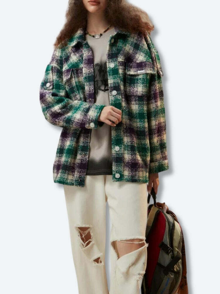 Y2K Grunge Flannel Shirt Jacket for Retro Summer Outfits and Parties