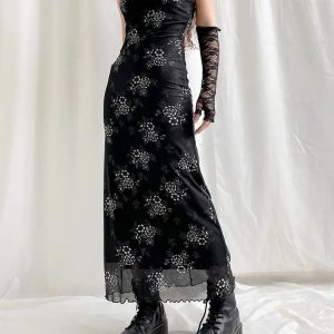 Y2K Grunge Floral Mesh Midi Dress for Retro Summer Vibes