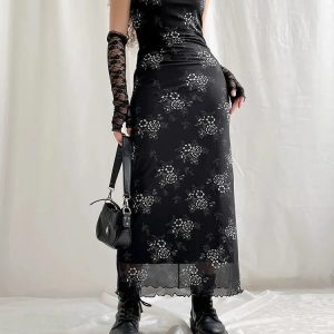 Y2K Grunge Floral Mesh Midi Dress for Retro Summer Vibes