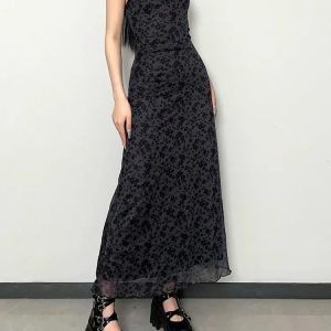 Y2K Grunge Floral Printed Maxi Dress for Retro Summer Vibes