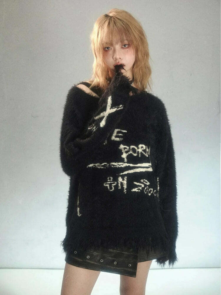 Y2K Grunge Fluffy Knitted Sweater for Retro Summer Outfits