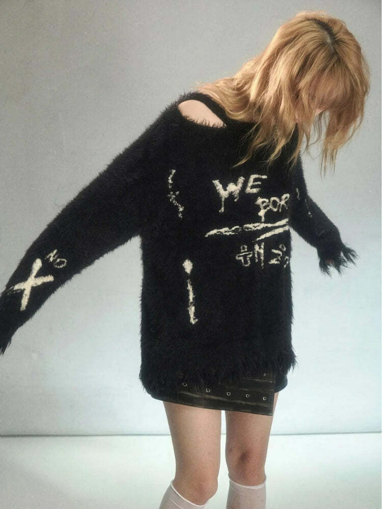 Y2K Grunge Fluffy Knitted Sweater for Retro Summer Outfits