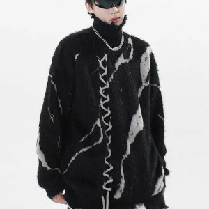 Y2K Grunge Fluffy Lace-Up Sweater for Retro Summer Outfits